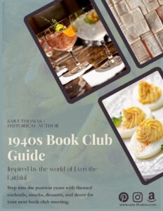 Cover of the free 1940s book club guide featuring snacks and cocktails.